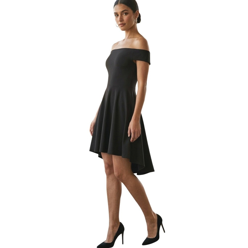 Sarin Mathews Black Off The Shoulder‎ Cocktail Dress Size S Stretch Short Sleeve